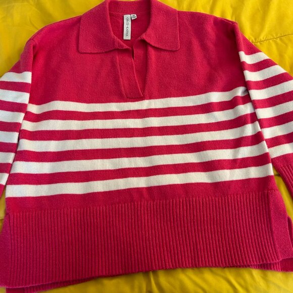 Grace & Karma Hot Pink Striped Collared Sweater | Preppy Chic | Women’s Medium - Picture 3 of 6